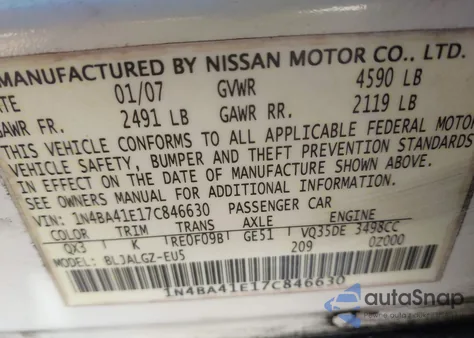 2007 Nissan Maxima 3.5 Sl z USA, uszkodzony, nr VIN 1N4BA41E17C846630